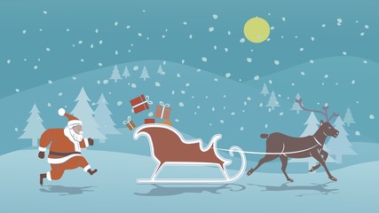 Landscape with church and buildings and Santa Claus Illustration of Santa sleigh and reindeer , vector draw