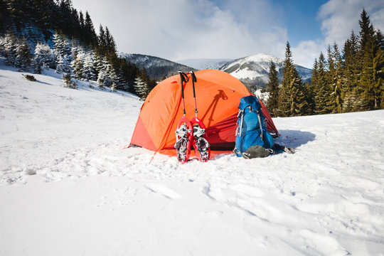 camping in the winter in the mountains.
