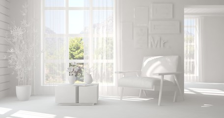Obraz na płótnie Canvas Idea of white room with armchair and summer landscape in window. Scandinavian interior design. 3D illustration