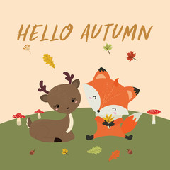 Fototapeta premium hello autumn card.cute fox,cute rabbit