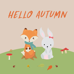 hello autumn card.cute fox,cute rabbit