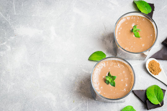 Dairy Free, Low Carb Chocolate Chip Mint Smoothie. Top View, Copy Space.