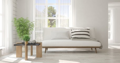 Idea of white room with sofa and summer landscape in window. Scandinavian interior design. 3D illustration