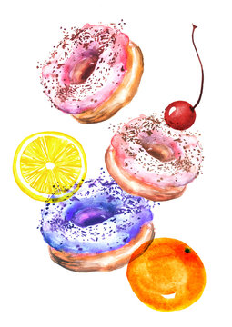 Watercolor drawing donut, Orange, lemon, cherry. The group cakes, sweets. Watercolor postcard,logo illustration On a white isolated background.