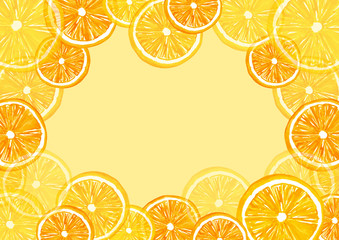 Watercolor postcard, invitation, composition, greeting card from orange pattern, tangerine, citrus slices, splash of paint on white isolated background. Stylish detail, hand-drawn, for your design.