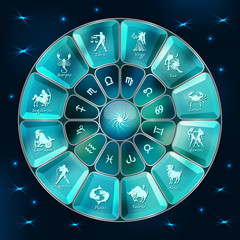Blue diamond horoscope circle.Circle with signs of zodiac.Vector