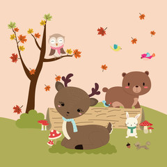 Autumn forest in vector set with cute forest animals