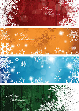 Set of four colorful Christmas background banners with snowflakes and simple Merry Christmas text - horizontal version