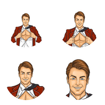 Set of vector pop art round avatar icons for users of social networking, blogs, profile icons. Businessman, manager, super worker in a suit with a shirt open on his naked chest