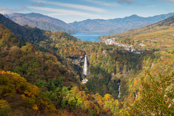 Kegon falls and Chuzenji lake in autumn season seen from Akechidaira observation deck, Nikko, Japan.