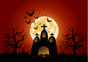 Halloween design, dark castle on Moon background with spooky graveyard, naked trees and bats, graves and Copyspace, illustration.