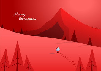 Winter mountain landscape scenery, walking Santa Claus with his bag full of presents in deep snow with pine trees.