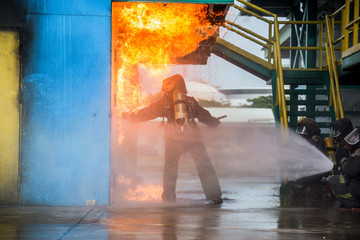 Fototapeta premium Firemen using water from hose for fire fighting at firefight training of insurance group. Firefighter wearing a fire suit for safety under the danger case.