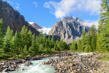 Fototapeta na wymiar View on Aktru river, Karatash peak and Aktru glacier. Altai Republic. Russia