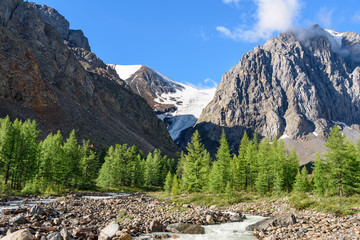View on Aktru river, Karatash peak and Aktru glacier. Altai Republic. Russia