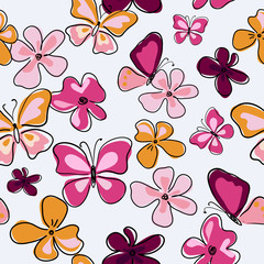 Cute seamless texture with decorative flowers and butterflies