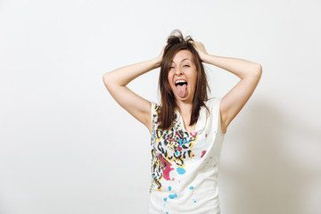 Beautiful European young funny and cheerful brown-haired woman with healthy clean skin, dressed in casual light clothes is fooling around at camera, on a white background. Emotions concept.