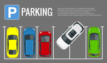 Vector illustration city parking lot with a set of different cars. Public car-park. Flat illustration for web. Urban transport. Large number of cars in a crowded parking. © Golden Sikorka