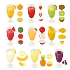 isometric kind of fruits juice and slice sampl vector flat design illustration set 