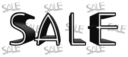 Sale, Shiny Black Text, 3D Illustration, White Background