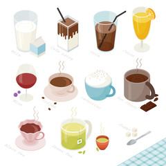 isometric food kind of hot and cold drink vector flat design illustration set 
