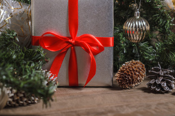 Christmas and New Year, gifts, toys, decor, fir close up