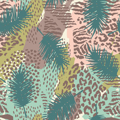 Fototapeta premium Trendy seamless exotic pattern with palm and animal prins