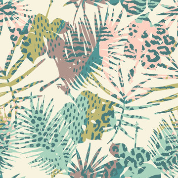 Trendy seamless exotic pattern with palm and animal prins