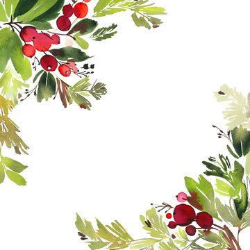 Christmas with berries watercolor postcard.