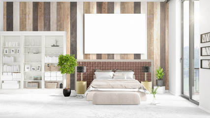 Fashionable modern loft interior with empty frame and copyspace in horizontal arrangement. 3D rendering.