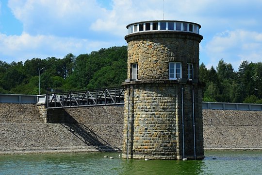 Dam and inlet dam tower on Luhacovice dam barrier, Czech Republic, central Europe