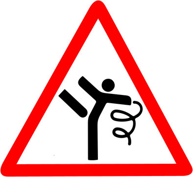 Rhythmic gymnastics dance and dancer warning conceptual illustration. Red triangle caution warning symbol sign on white background.