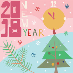 Happy New Year 2018. Greeting card with Christmas tree and clock.