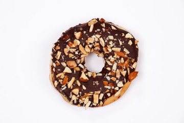 Delicious donut with chocolate almond glazed, Isolated on white background.