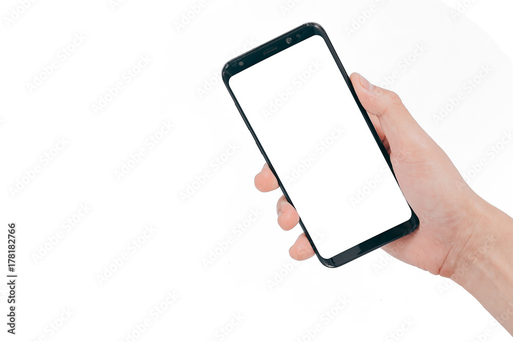 Poster smartphone mock up,hand holding blank white screen mobile phone isolated on white background with cl