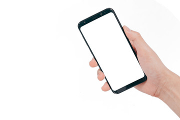 Smartphone Mock up,Hand holding blank white screen mobile phone isolated on white background with clipping path for design