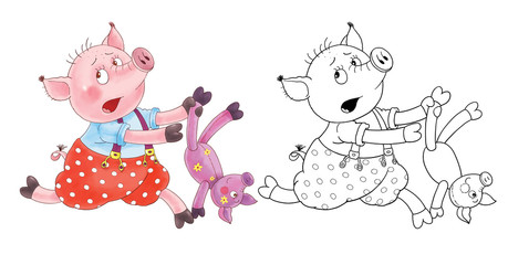 Three little pigs. Fairy tale. Coloring book. Coloring page. Cute and funny cartoon characters.