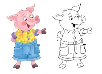 Three little pigs. Fairy tale. Coloring book. Coloring page. Cute and funny cartoon characters.