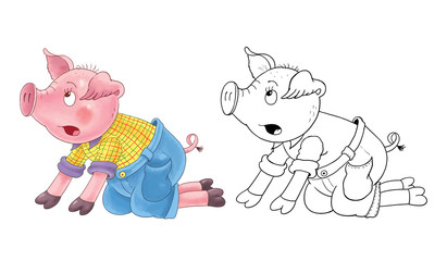 Fototapeta premium Three little pigs. Fairy tale. Coloring book. Coloring page. Cute and funny cartoon characters.