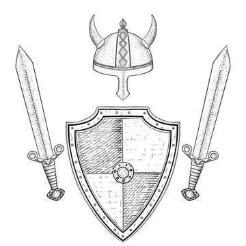 Viking warrior set - shield, swords and helmet. Hand drawn sketch