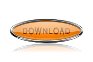 Oval orange DOWNLOAD button with bold chrome frame. 3d shiny icon