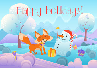 Vector illustration of adorable fox and snowman. Happy Holidays greeting carf