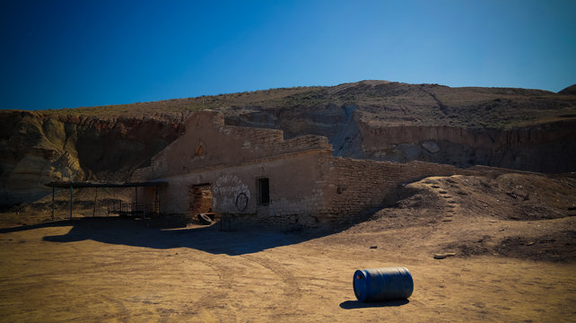 runed Urga fishing village at the shore of Sudochye lake aka part of former Aral sea at Karakalpakstan, Uzbekistan