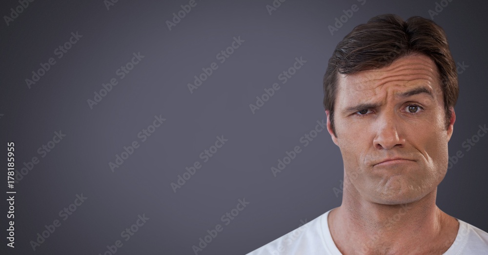 Wall mural Man looking confused and indecisive with purple background