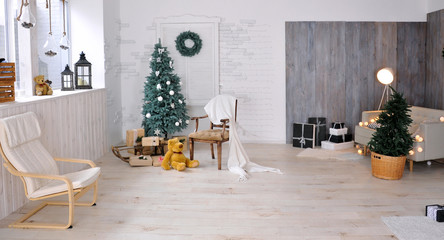 The studio is decorated in a New Year style. New Year. Christmas
