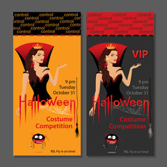 Happy Halloween card or party ticket. Invitation to Halloween party and costume competition with female vampire wearing crown. Vector Illustration