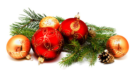 Christmas decoration red golden yellow balls with fir cones