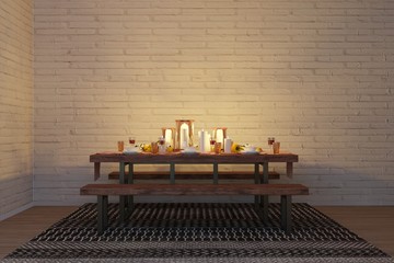 Autumn dinner in evening brick walls interior