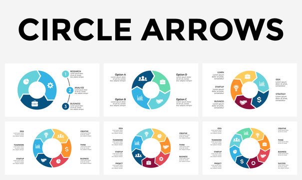 Vector circle arrows infographic, cycle diagram, graph, presentation chart. Business concept with 3, 4, 5, 6, 7, 8 options, parts, steps, processes.