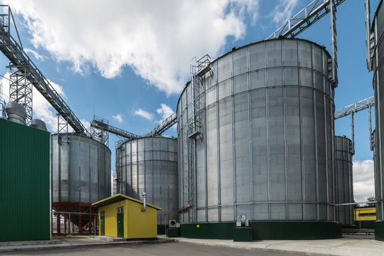 The modern granary. Large steel silos for storing wheat.